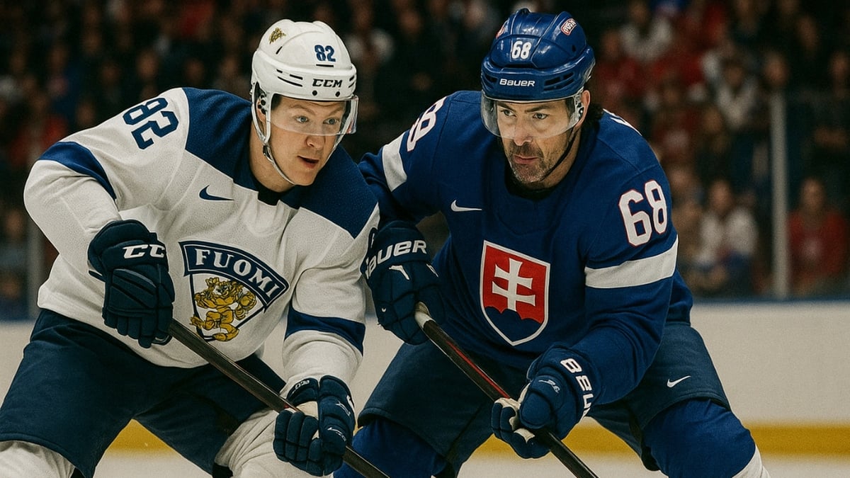 Two ice hockey players from Finland and Slovakia battle for the puck during a fast-paced international game.