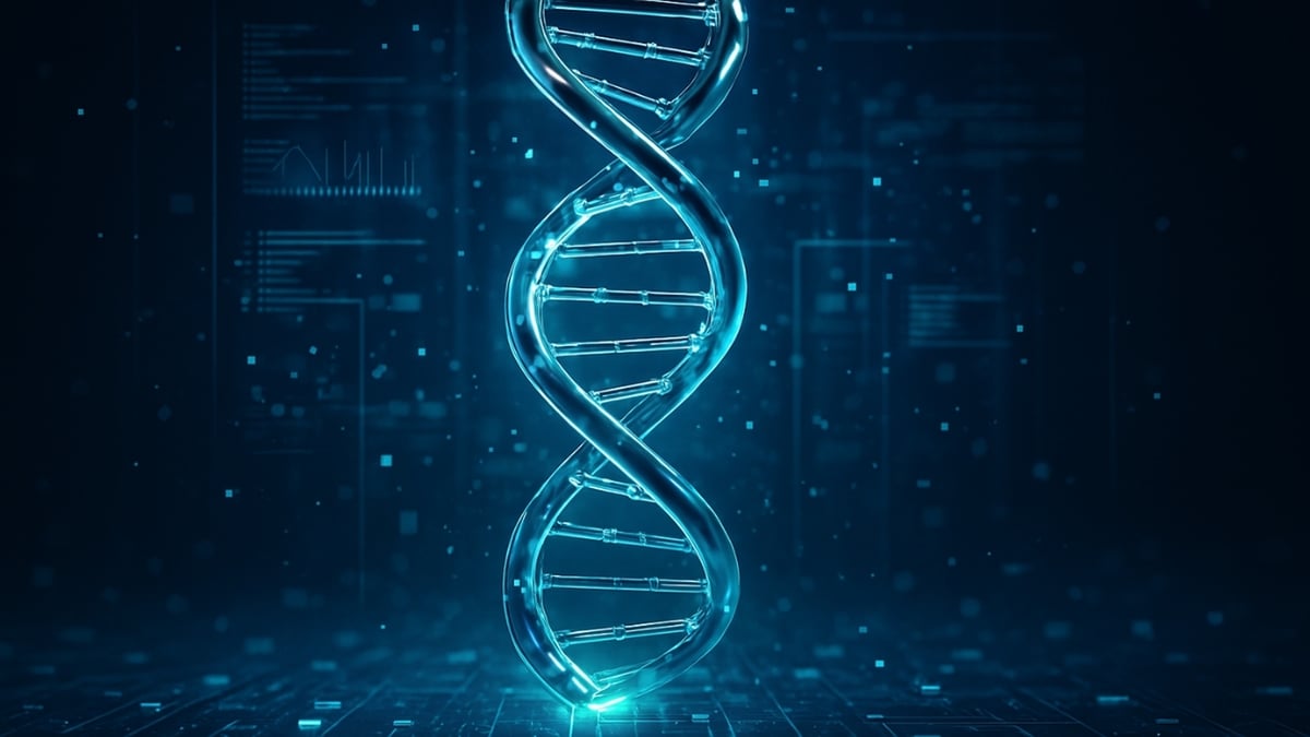 Glowing blue DNA double helix floating in a digital environment with interface elements.