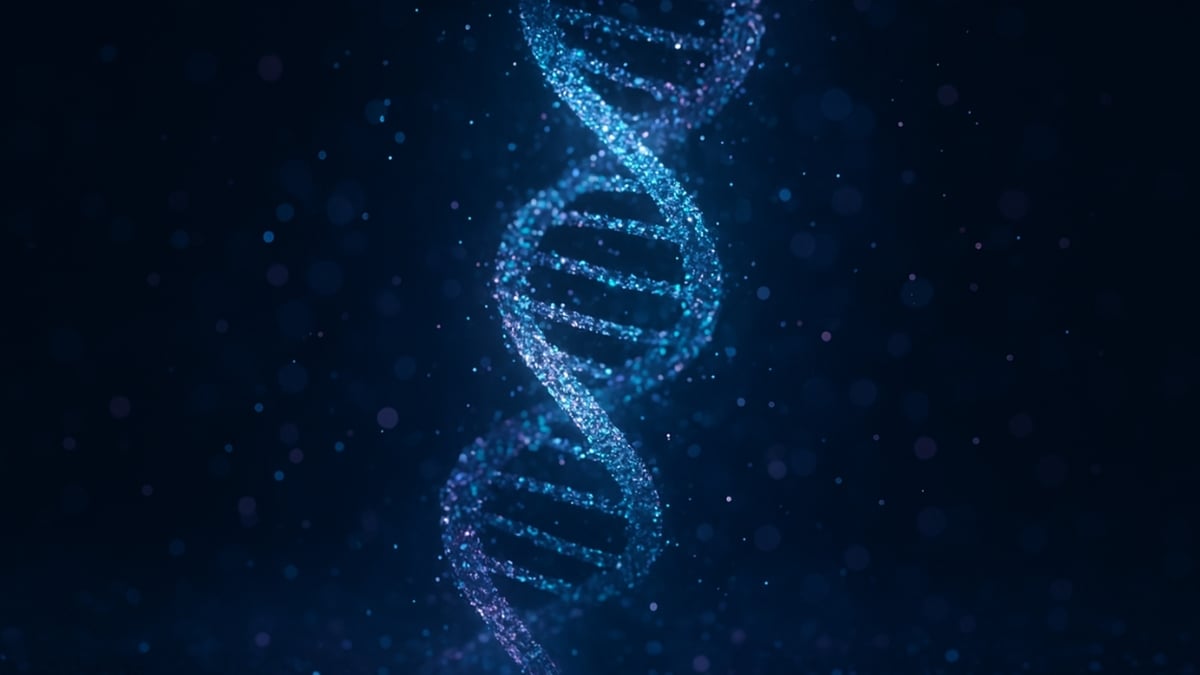 A glowing double helix DNA strand made of sparkling particles on a dark background.