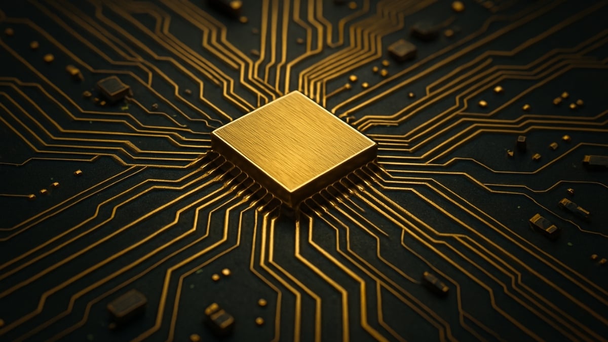 Square gold microchip on a black circuit board with fine gold lines extending outward.