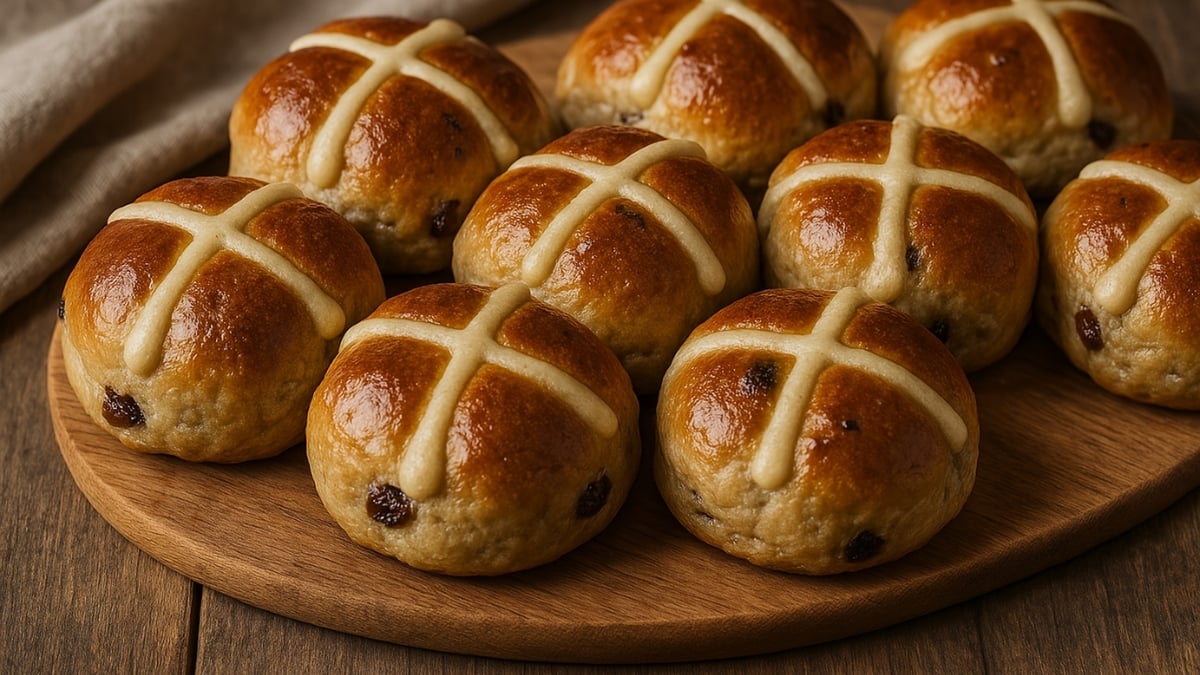 Freshly baked hot cross buns with icing crosses arranged on a wooden serving board.