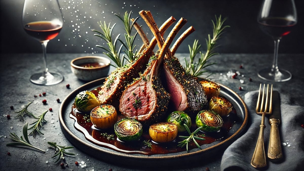 Medium-rare rack of lamb with herb crust, roasted Brussels sprouts, and charred onions on a dark plate.