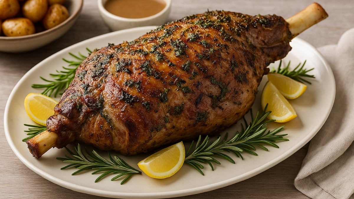 Herb-roasted leg of lamb on a platter with lemon wedges and rosemary, served with potatoes and gravy on the side.