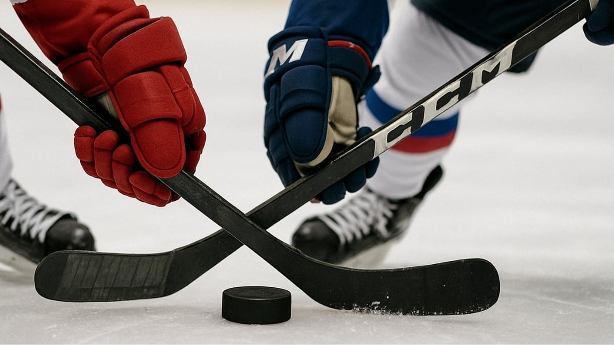 Two hockey players prepare for a faceoff, their sticks crossed above the puck on the ice.