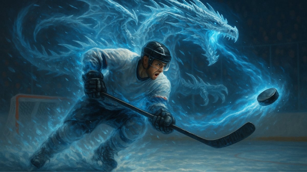 A hockey player skates toward the puck as a glowing blue ice dragon swirls behind him on the rink.