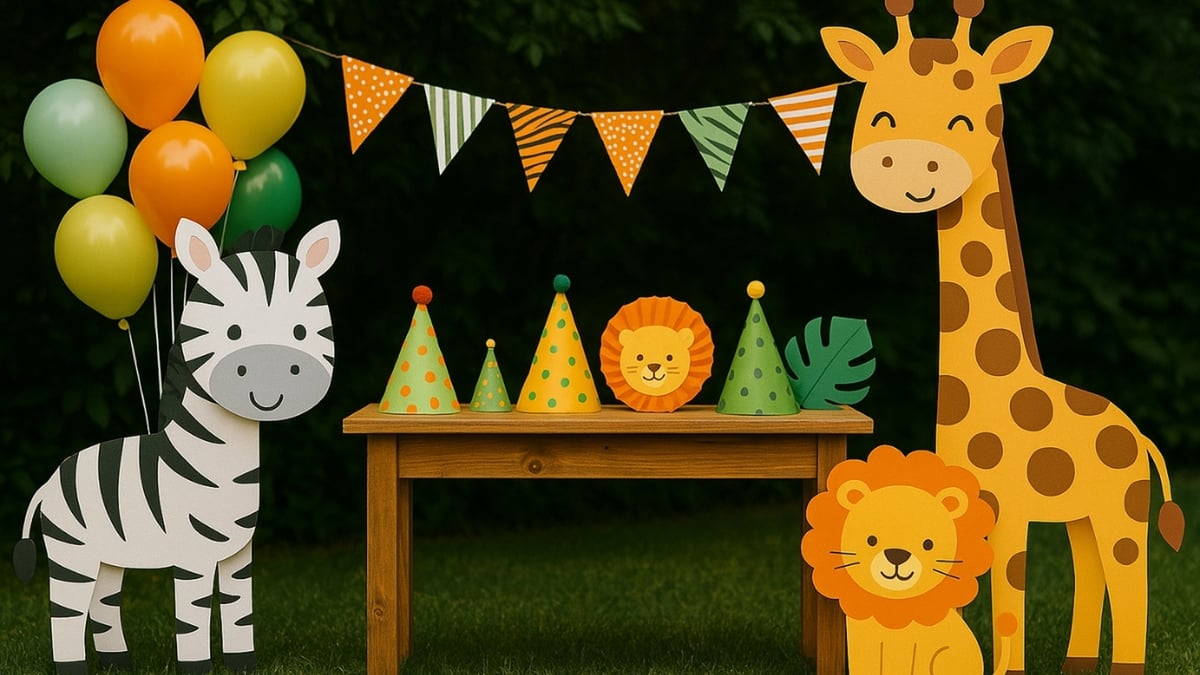 Colorful jungle-themed party setup with animal cutouts, balloons, party hats, and bunting on a grassy lawn