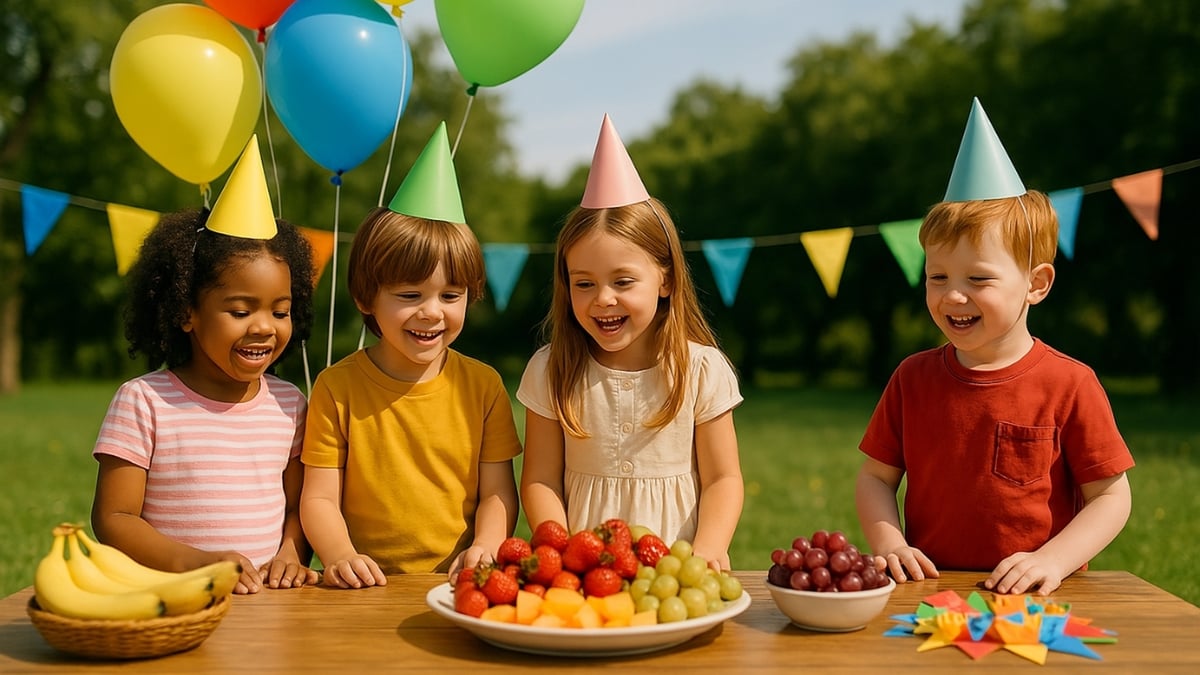 Four smiling children in party hats gathered around a table with fruit