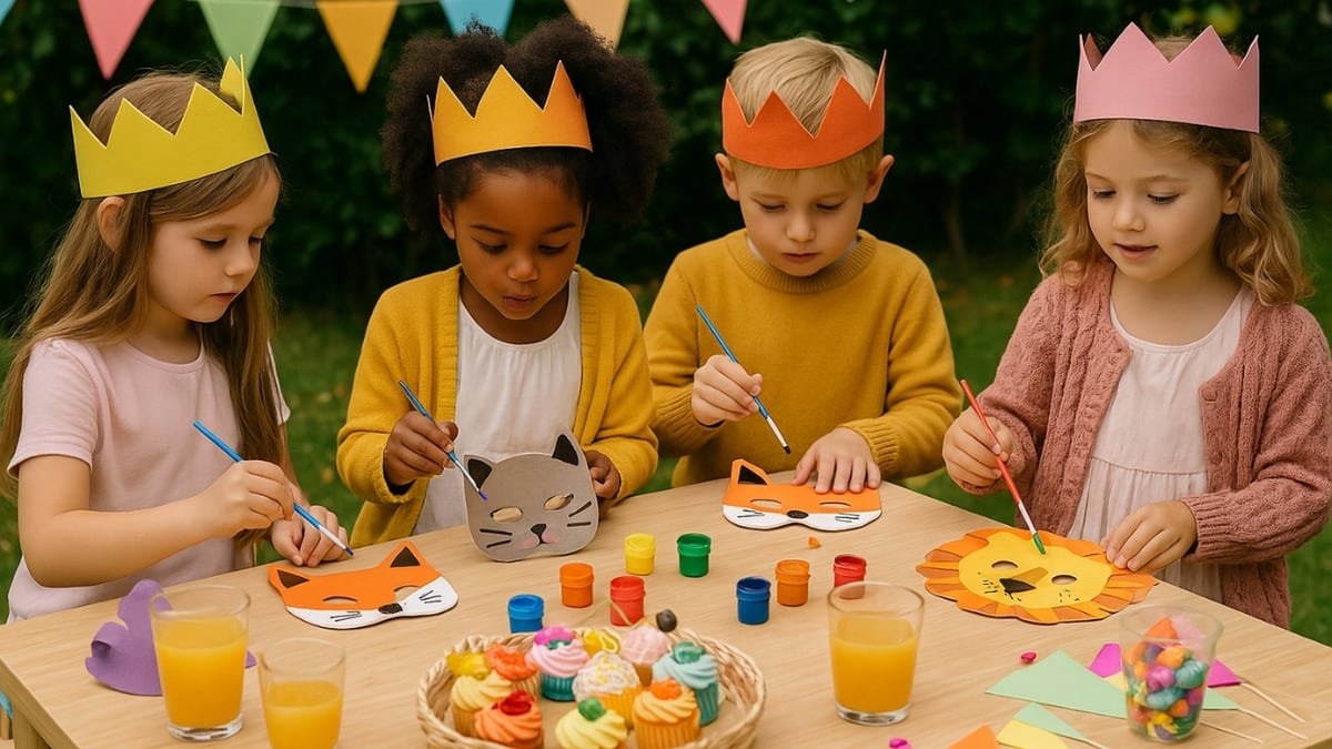 Children wearing paper crowns paint colorful animal masks at a birthday party table with juice and cupcakes