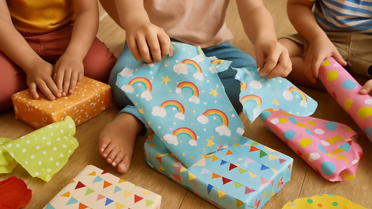 Children tear into colorful gift wrap while seated on a wooden floor, surrounded by presents in playful patterns