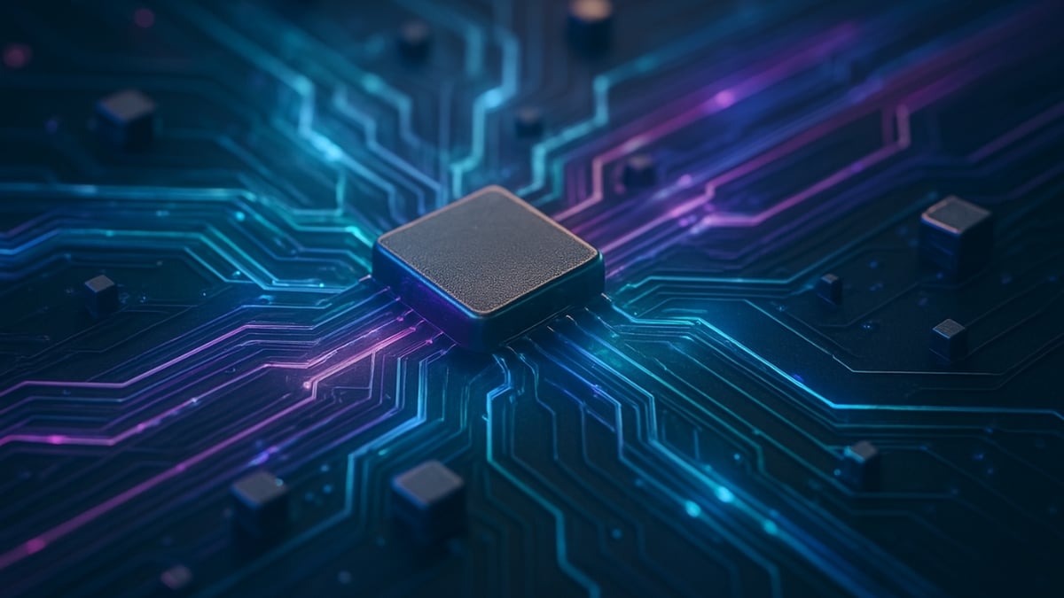 Raised microchip on a circuit board with glowing blue and purple lines branching outward.