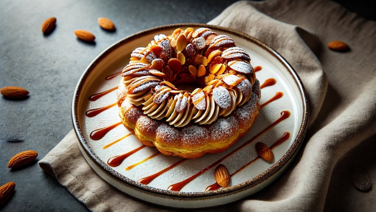 Paris-Brest pastry filled with praline cream, topped with sliced almonds and powdered sugar on a caramel-drizzled plate