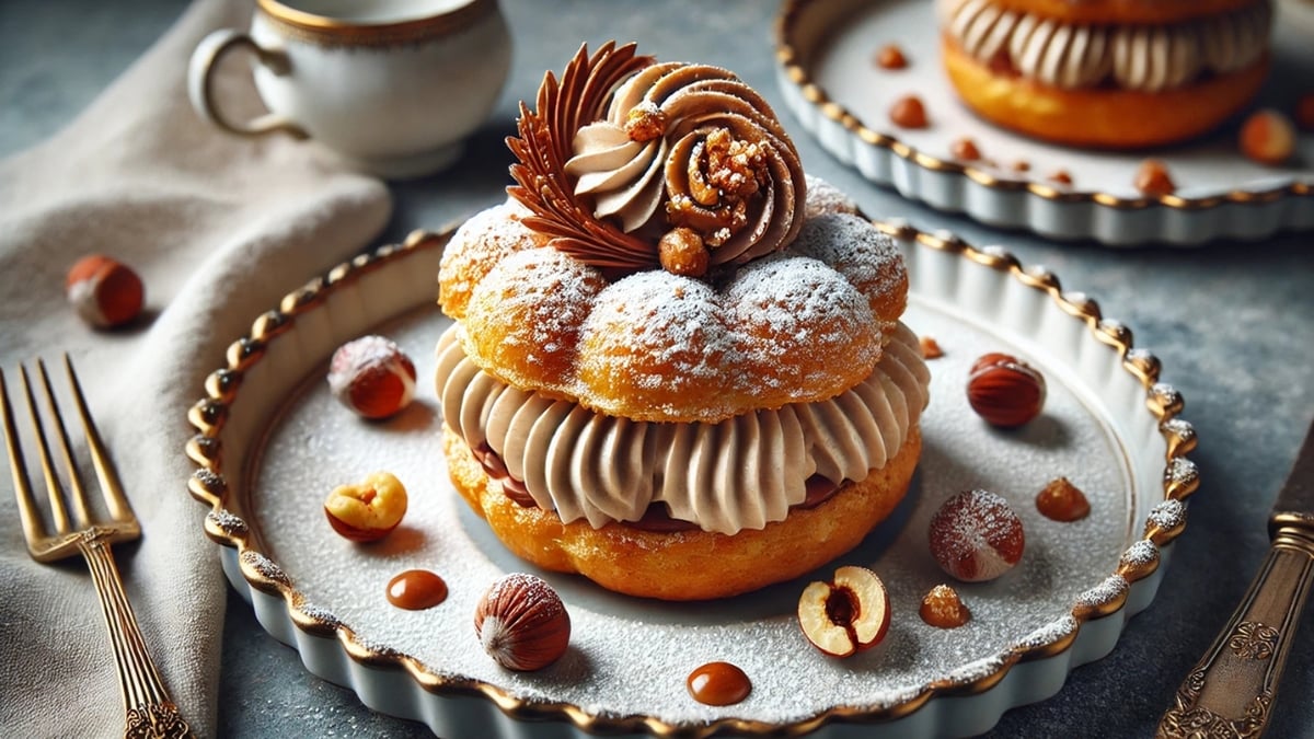 Paris-Brest choux pastry filled with praline cream, topped with hazelnuts and powdered sugar on a decorative plate