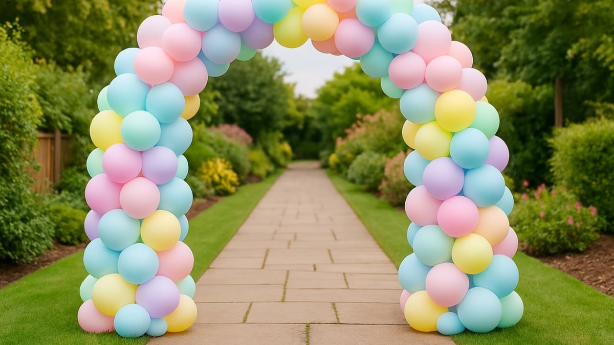 Large pastel balloon arch standing over a garden pathway lined with bushes and greenery on a bright day