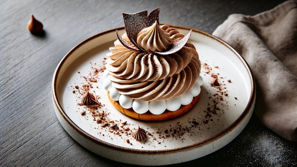 Poached pears with chocolate sauce, vanilla ice cream, caramelized citrus, and toasted almonds on a ceramic plate
