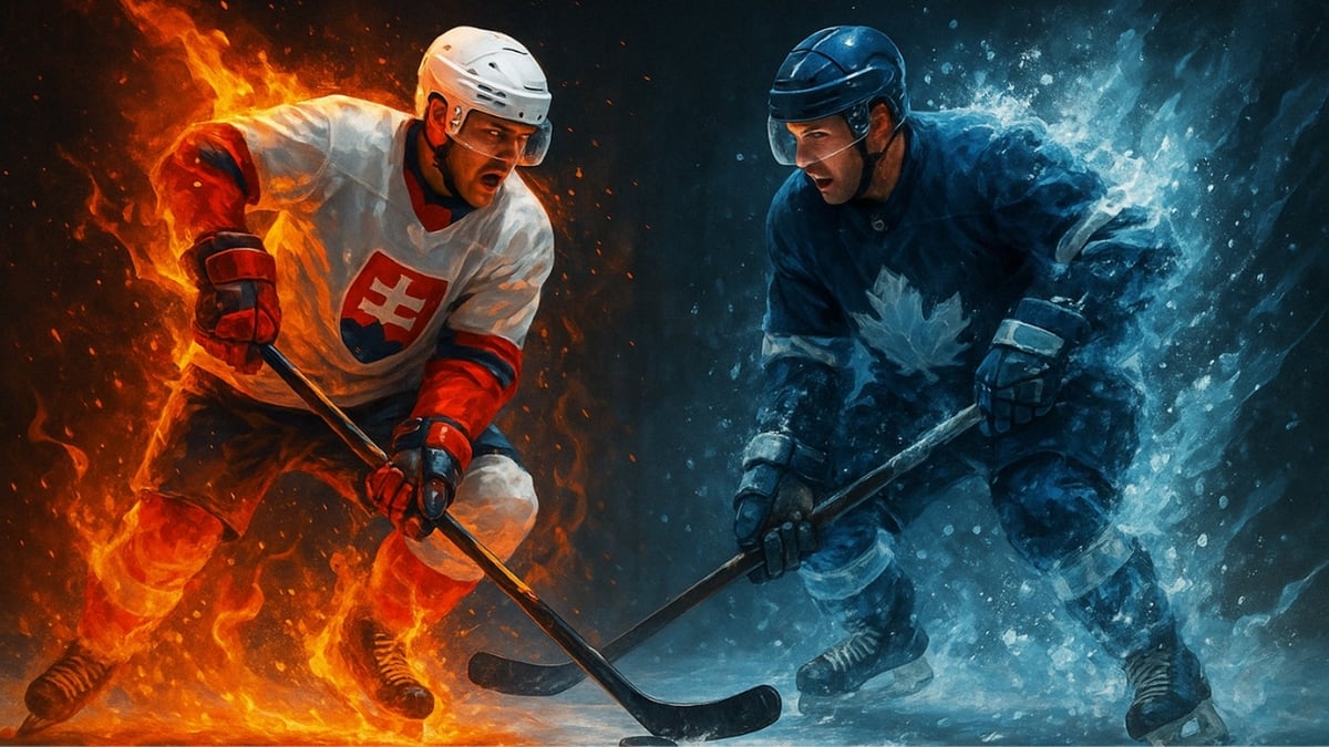 A Slovak player in flames faces a Canadian player in ice during a dramatic hockey faceoff.