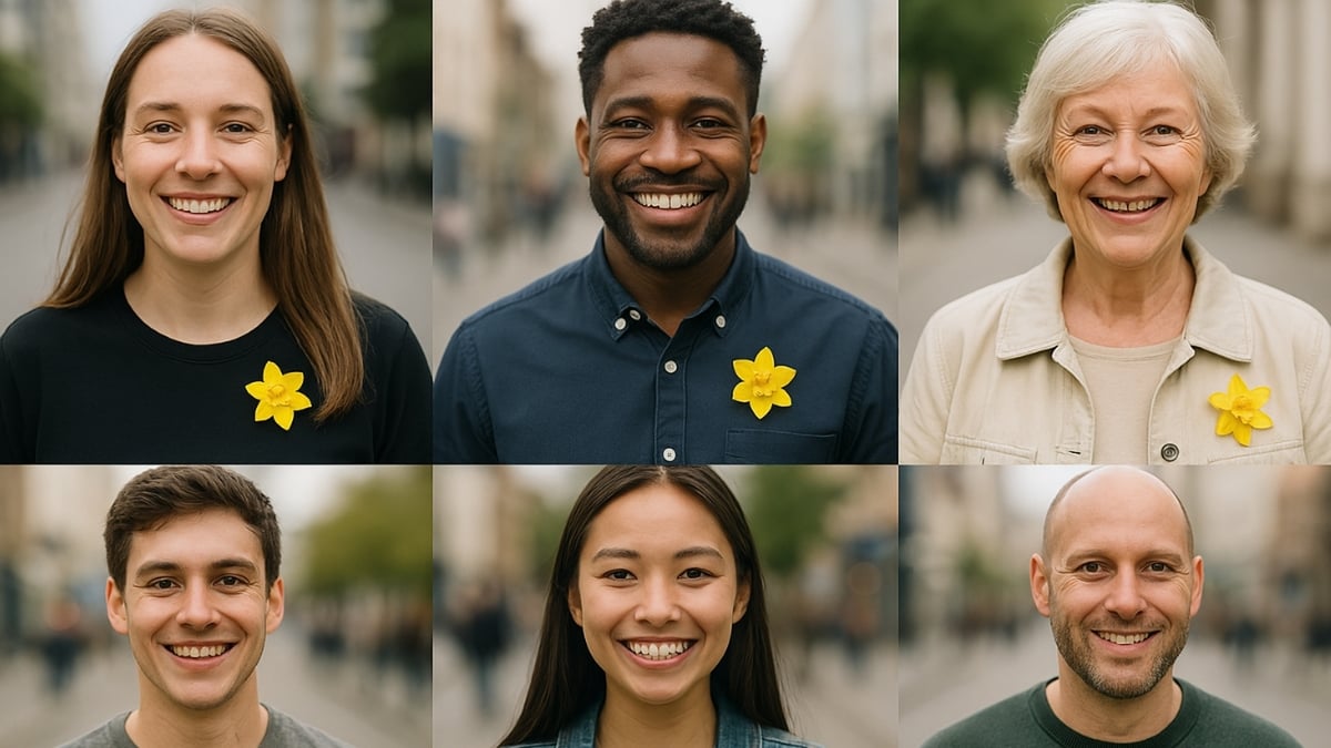 Nine smiling people wearing yellow daffodils on their clothing in a city street portrait collage