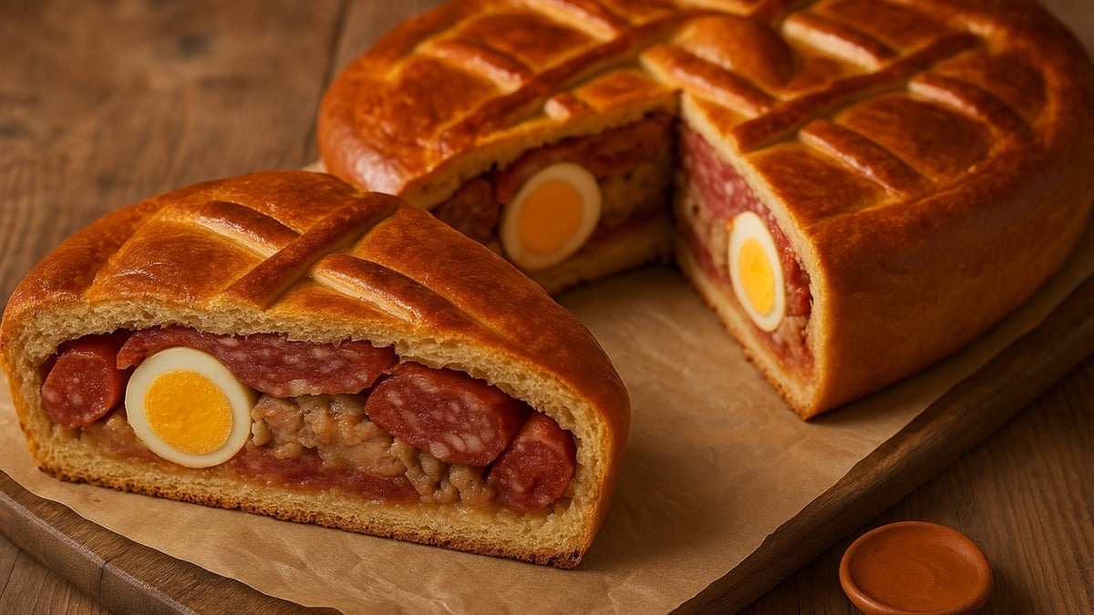 Round Easter bread filled with hard-boiled eggs, sausage, and minced meat, sliced open on parchment paper.
