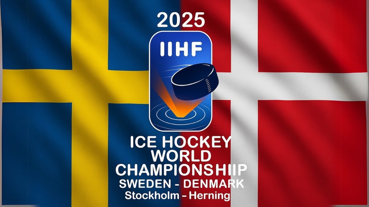 Flags of Sweden and Denmark with IIHF 2025 Ice Hockey World Championship logo and host cities Stockholm and Herning.