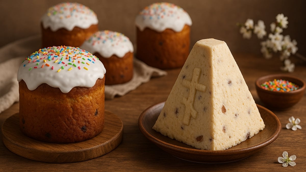 Iced Easter kulich cakes with colorful sprinkles and pyramid-shaped paskha dessert with raisins on a wooden table.