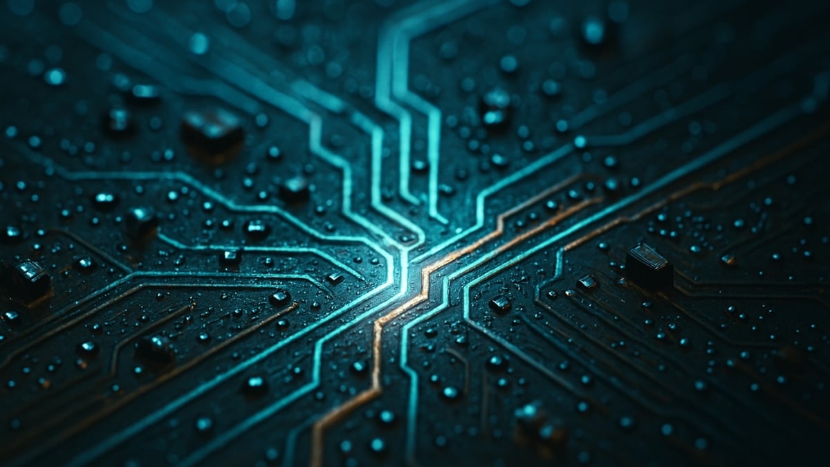 Circuit board with glowing blue lines and water droplets scattered across the dark surface.
