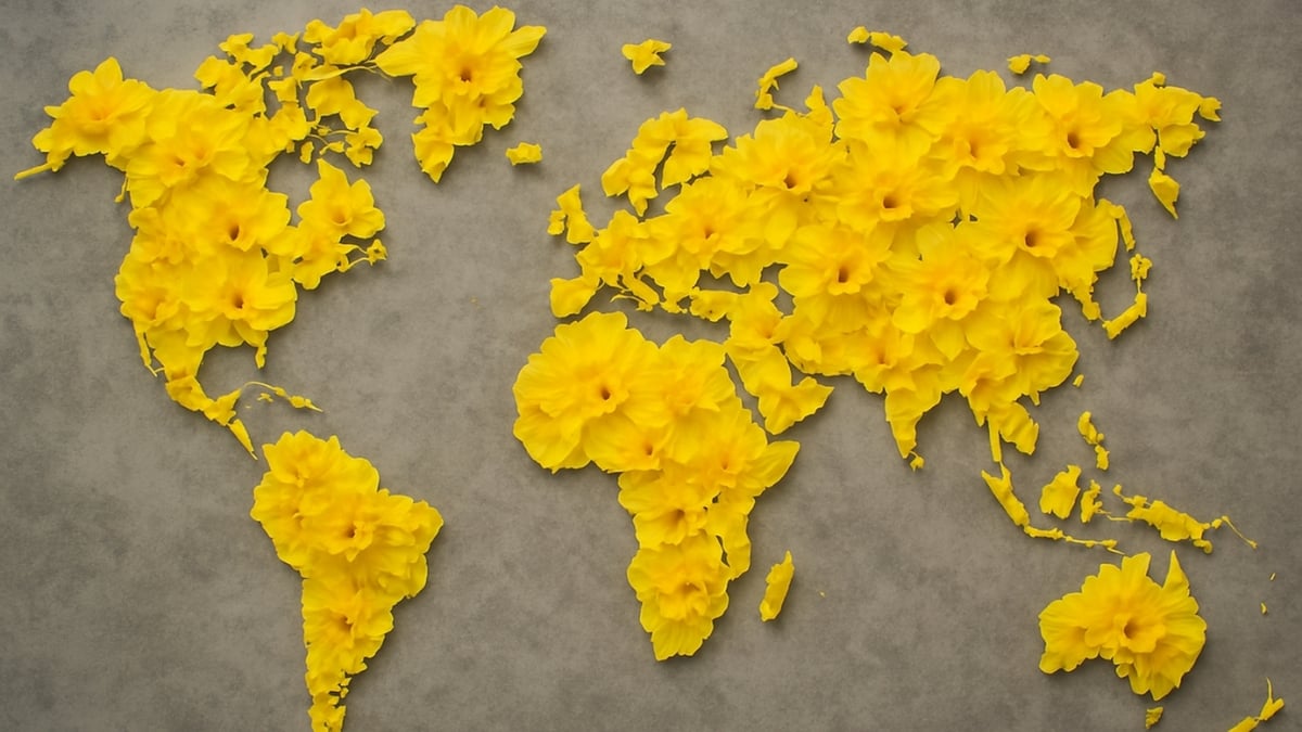 A world map made from bright yellow daffodil petals on a textured gray background