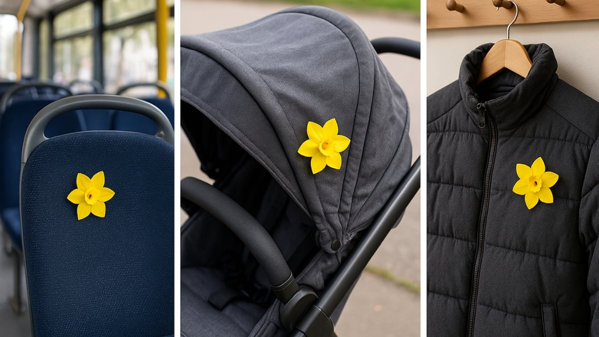 Yellow daffodil flowers placed on a bus seat, stroller canopy, and winter jacket indoors