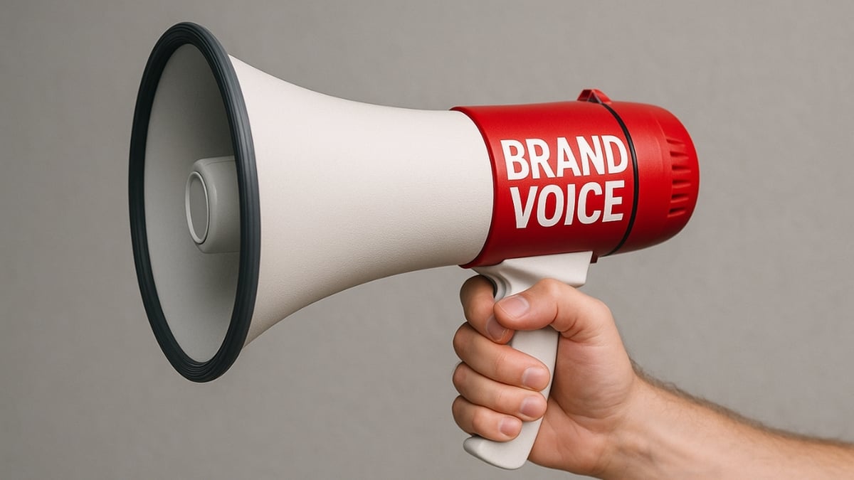 A hand holds a red and white megaphone with the words “BRAND VOICE” printed in bold white letters.
