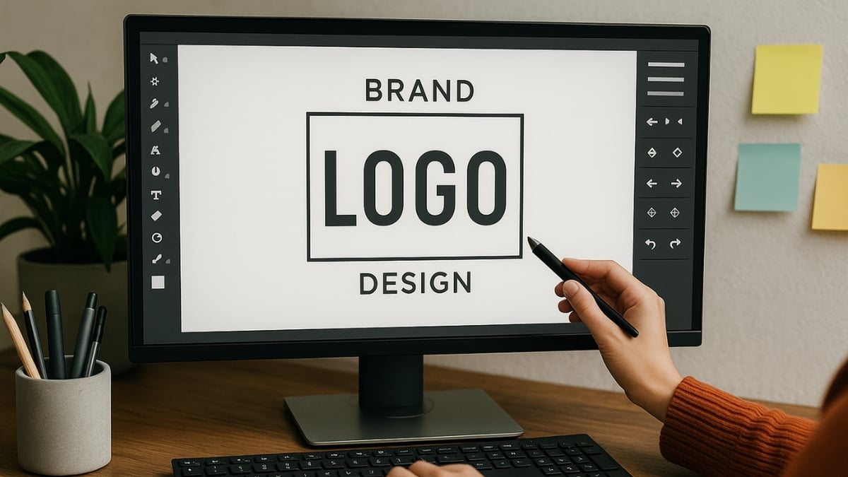 Monitor shows a logo design in progress with a person using a stylus and keyboard on a digital editing platform.