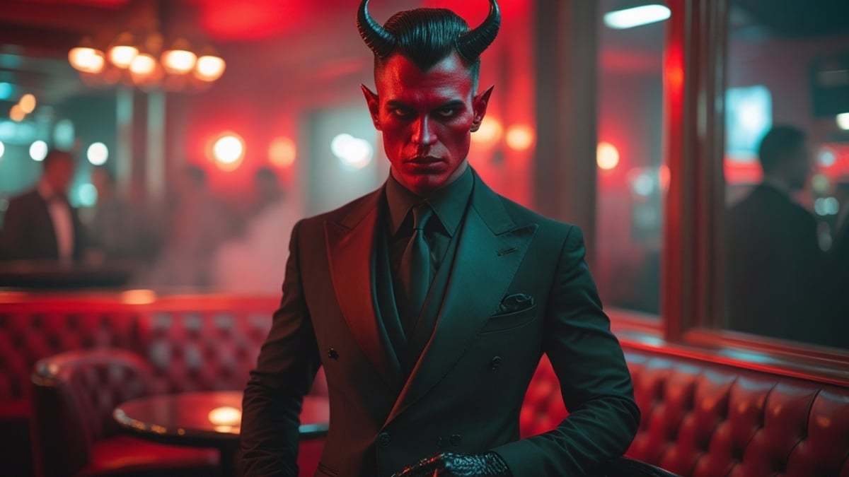 A red-skinned demon with black horns in a sharp black suit poses confidently in a red-lit nightclub.