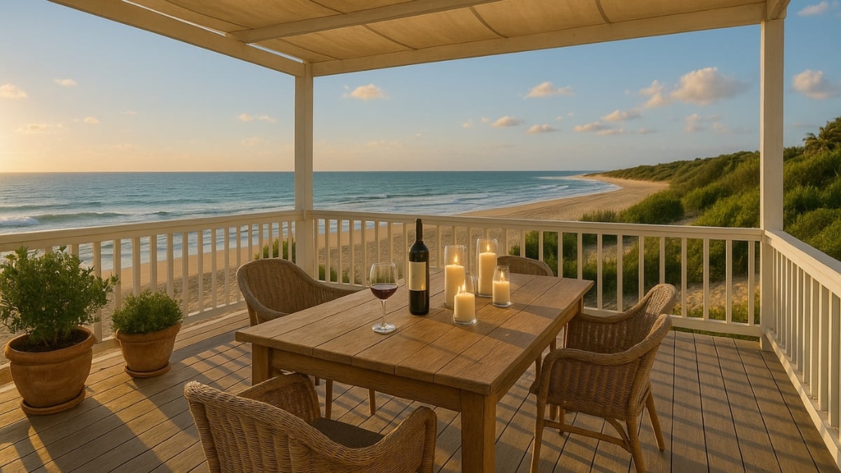 Wooden deck with a dining table, candles, and wine, overlooking a quiet beach and ocean at sunset.