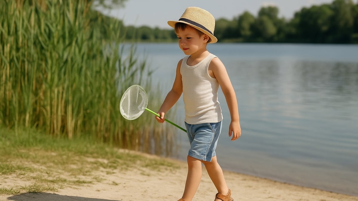 Young boy in straw hat walks along a lakeshore holding a green fishing net.