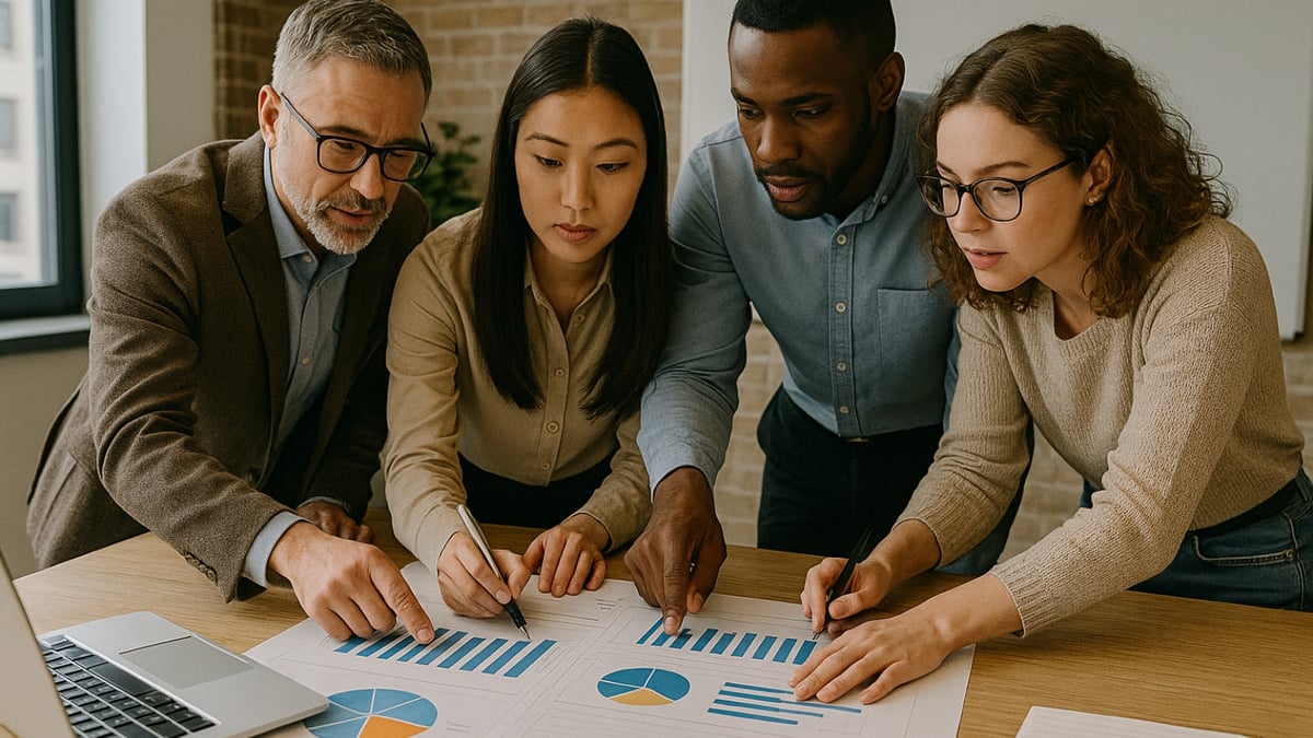 Four colleagues study charts and graphs on a desk, collaborating closely during a business meeting.