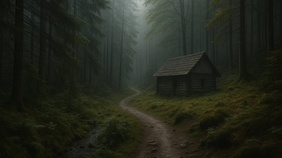 A small wooden cabin stands near a winding dirt path in a misty green forest with a stream flowing beside it.
