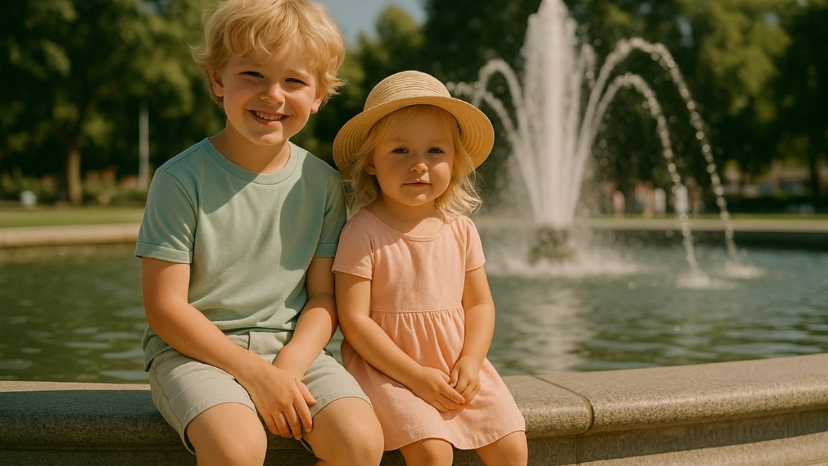 Smiling boy and girl in summer outfits sit by a fountain in a sunny park.