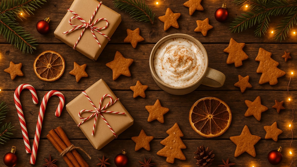 Cup of hot chocolate with whipped cream, gingerbread cookies, wrapped gifts, candy canes, and festive lights.