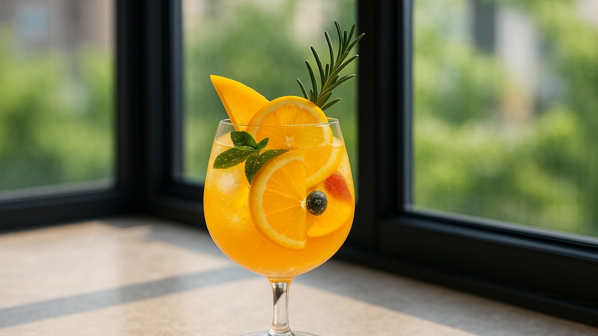 A glass of orange cocktail with mango slices, orange wheels, mint leaves, rosemary, and a blueberry garnish.