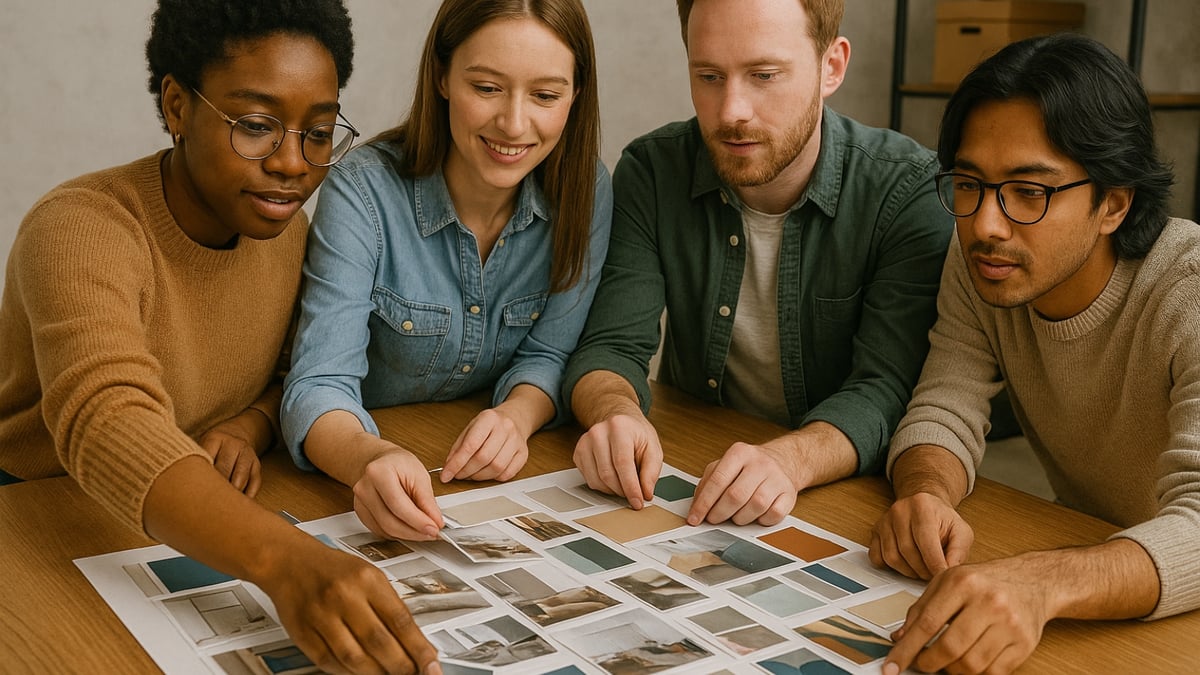 Four people sit around a table selecting color and photo samples from a large printed sheet.