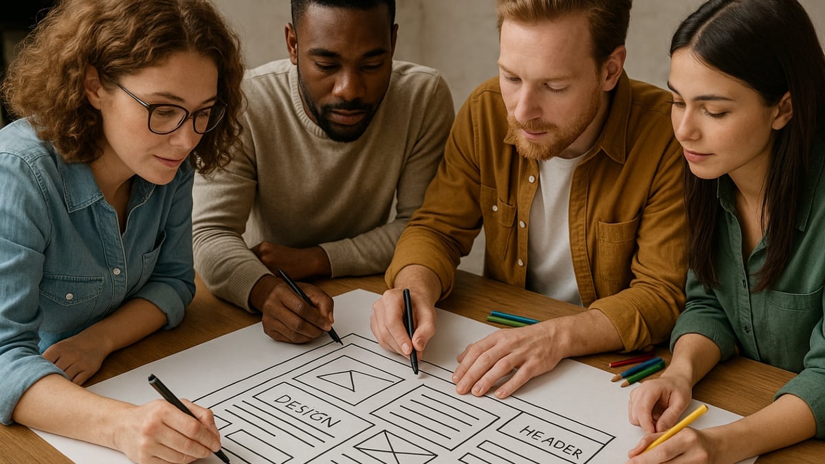 Four people draw a website layout on a large sheet of paper using black and colored pencils at a wooden table.
