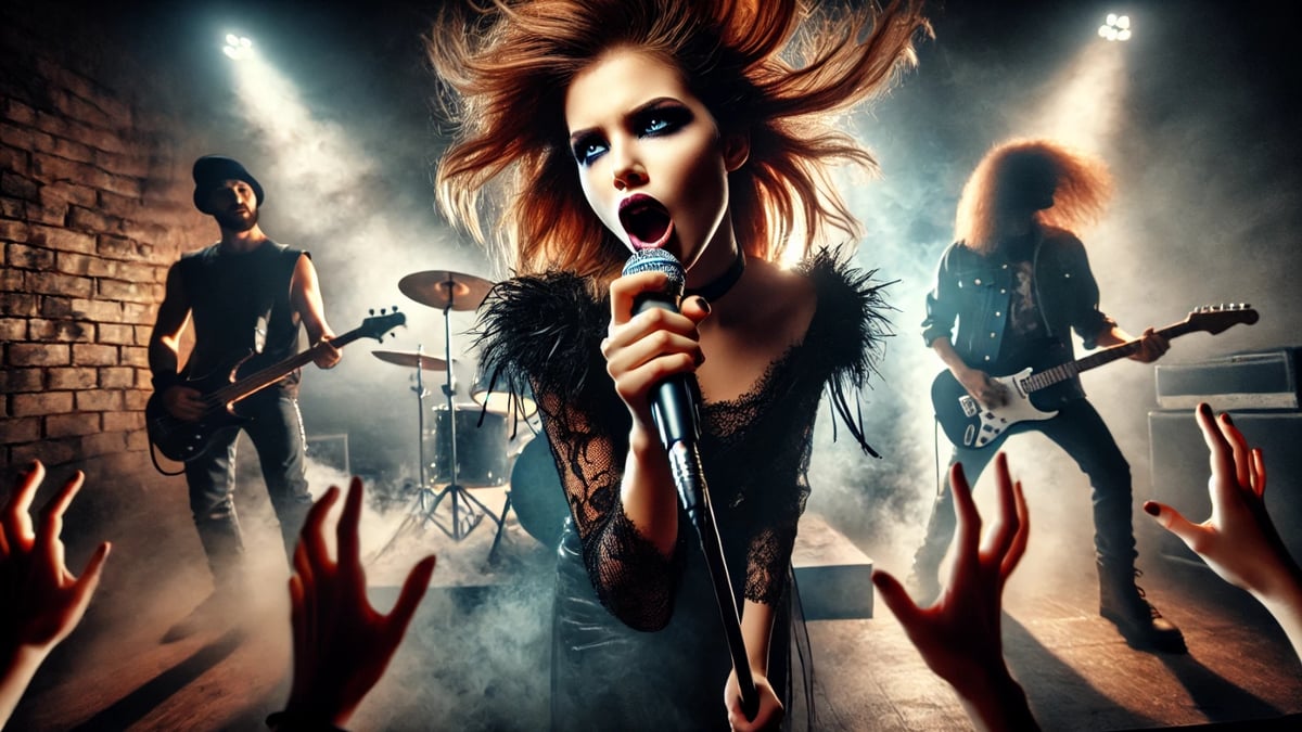 Female rock singer in black lace outfit sings passionately into microphone with band and raised audience hands.