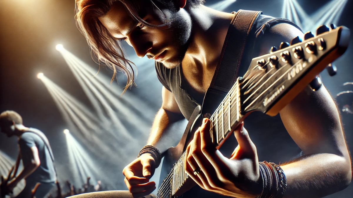 Long-haired male guitarist intensely plays an electric guitar on stage under bright spotlights.