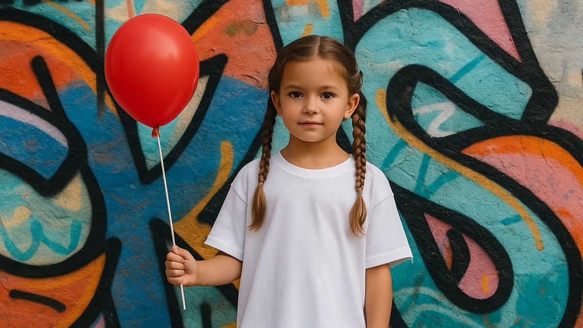 Little girl in white shirt holding red balloon stands against a colorful graffiti wall.
