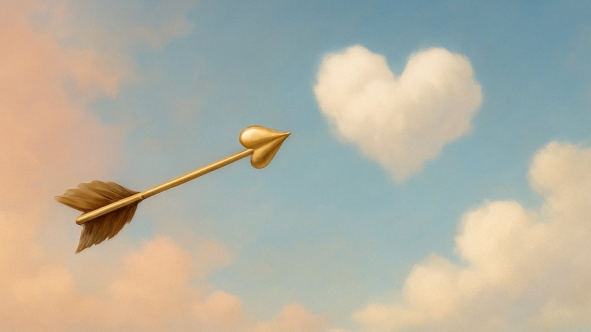 A golden arrow with a heart-shaped tip flies toward a fluffy heart-shaped cloud in a pastel sky.