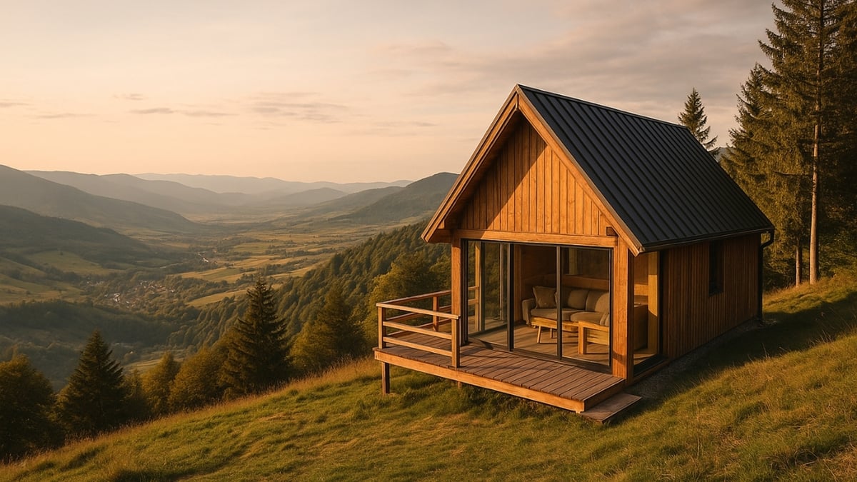 Wooden cabin with a glass front on a grassy hillside overlooking a wide valley and distant mountain ridges.