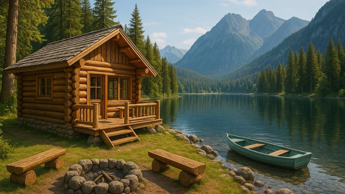 Small log cabin by a clear mountain lake with a fire pit, wooden benches, and a rowboat on the shore.