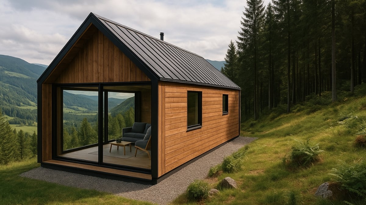 Contemporary wooden cabin with large glass walls overlooking forested hills and mountain valleys.
