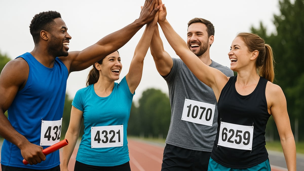 Four runners in sportswear smiling and high fiving on a track after finishing a relay race.