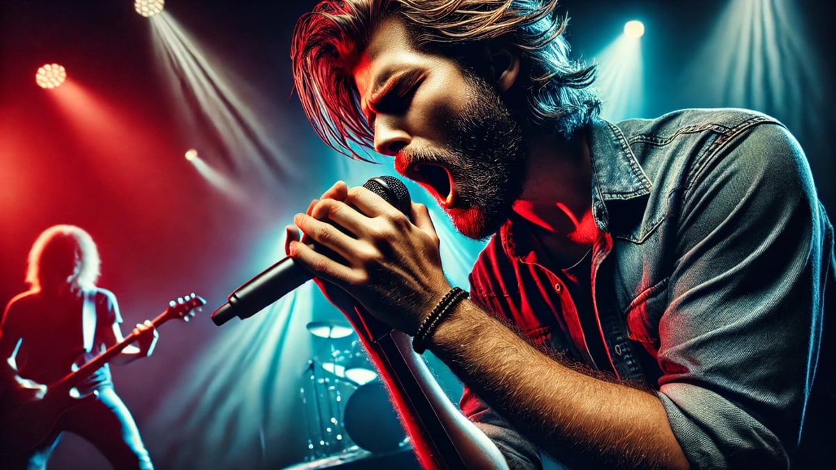 Bearded male rock singer in denim shirt screams into microphone while performing under vivid stage lights.
