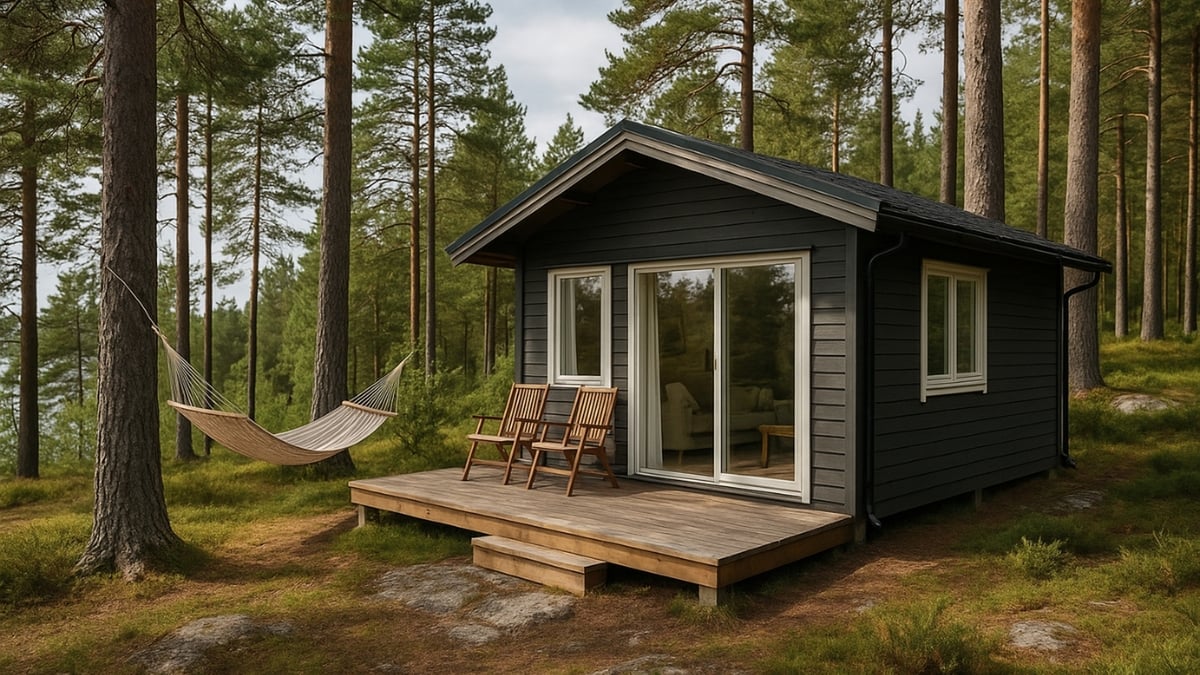 Compact black cabin with wooden deck, chairs, and a hammock strung between pine trees in a forest.