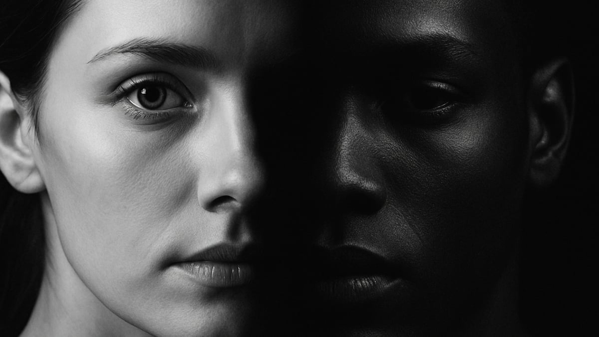 A close-up of two faces merged at the center, one in light and one in shadow, with strong contrast and fine skin detail.