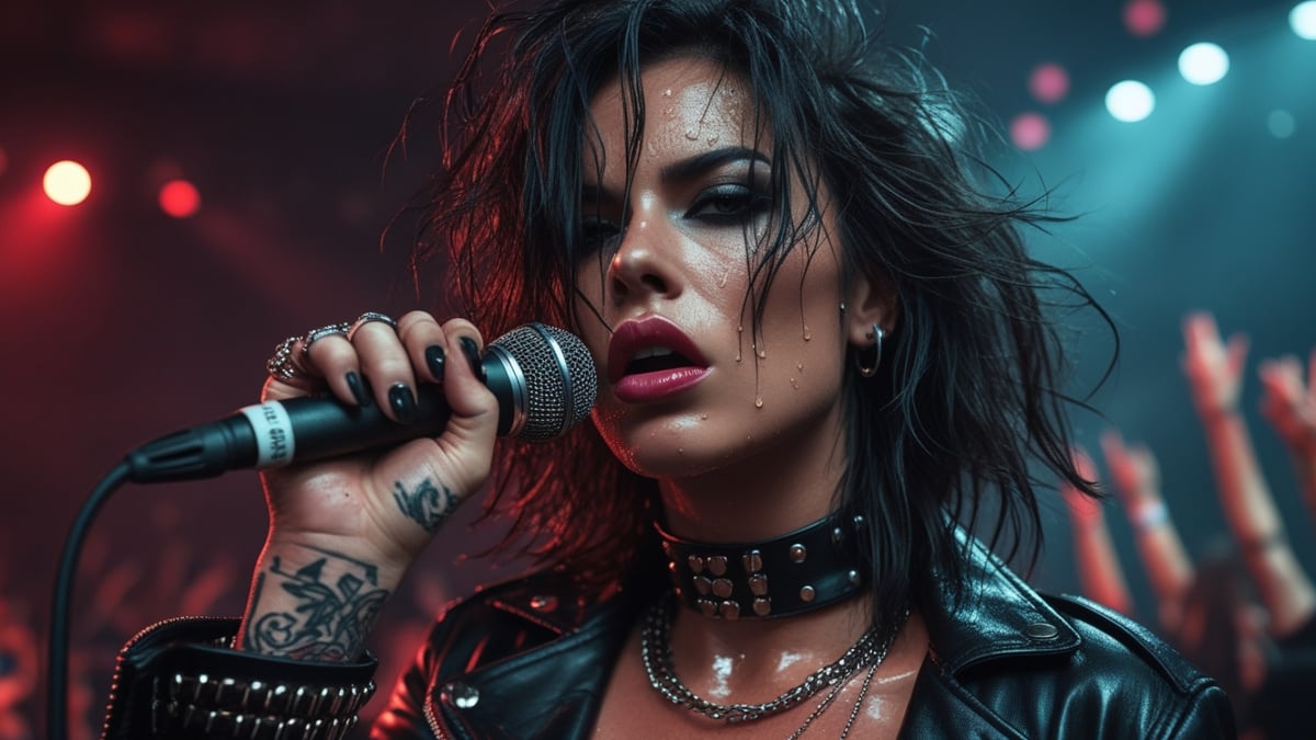 Sweaty female rock singer with dark hair holds a microphone while performing on stage in a leather jacket.